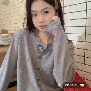 Embroidered Bear Knit Cardigan Women Autumn Single-Breasted Round Neck Long Sleeve Sweater Coat