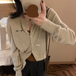Korean Style Letter Embroidered Knit Cardigan for Women 2026 Fall New Slimming Versatile Top