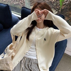 Women's Preppy Embroidered Crew Neck Knit Cardigan Short Loose Fit Sweater