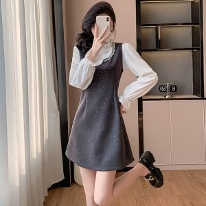 Women's Two-Piece Shiny Tank Dress and Shirt Set with Lace Collar Spring 2025