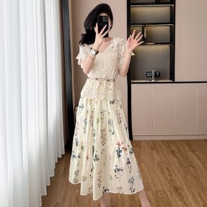 Women's 3-Piece Vintage Cutout Lace-Up Cami Top and Floral Cake Skirt Set with Belt