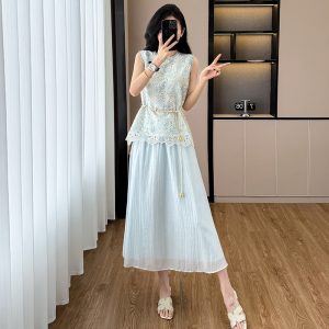 French Lace Hollow Two-Piece Dress for Women Summer New Slimming Gentle Vacation Style Sleeveless Elegant Long Dress