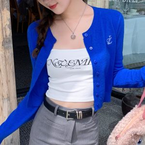 Klein Blue Cropped Knit Cardigan Women Spring Autumn 2026 Embroidered Top