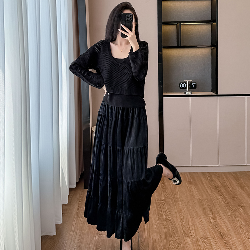 2025 Autumn French Style Hollow Knit Cami Dress Three-Piece Set for Women - Image 2