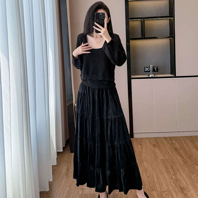 2025 Autumn French Style Hollow Knit Cami Dress Three-Piece Set for Women - Image 3