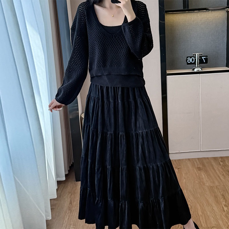 2025 Autumn French Style Hollow Knit Cami Dress Three-Piece Set for Women - Image 5