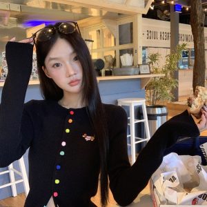 Women's Korean Style Knit Cardigan Black Slim Fit Sweater Coat Early Autumn