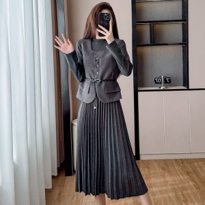 Women's Slim Pleated Midi Dress Two-Piece Set with Wool Vest and Belt 2025 Fall Winter
