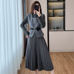 Slim Fit Pleated Midi Dress Two Piece Set with Belt Women 2025 Fall Winter - Style 290ad9