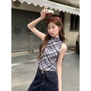 Retro Blue Plaid Tank Top for Women 2026 Summer Half High Neck Slim Fit Sleeveless Top