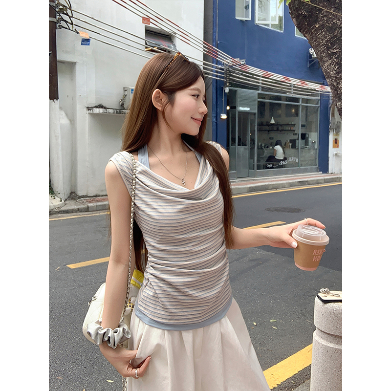 Korean Style Striped Cowl Neck Tank Top Women Summer Slim Fit Faux Two Piece Tee