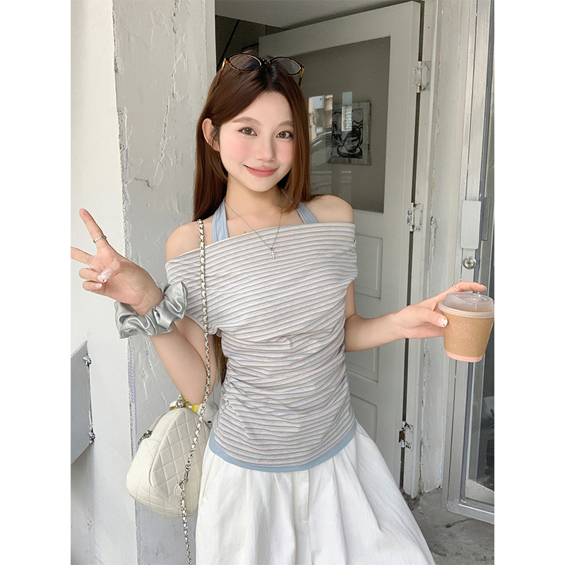 Korean Style Striped Cowl Neck Tank Top Women Summer Slim Fit Faux Two Piece Tee - Image 5