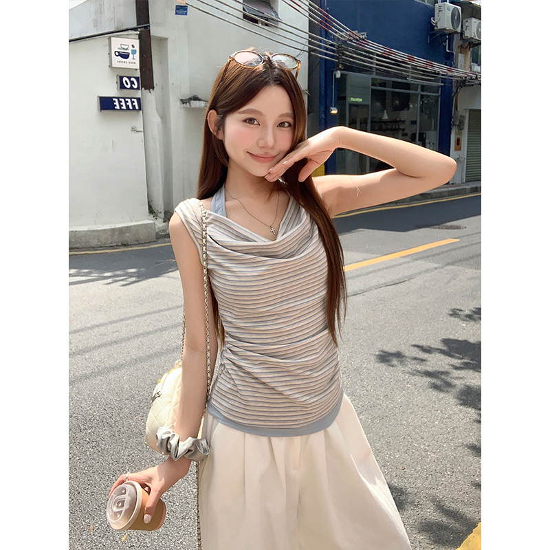 Women's Color Block Striped Cowl Neck Sleeveless Tank Top Summer Slim Fit Halter Fake Two Piece - Image 3