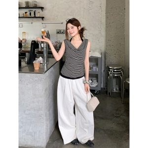 Women's Color Block Striped Cowl Neck Sleeveless Tank Top Summer Slim Fit Halter Fake Two Piece