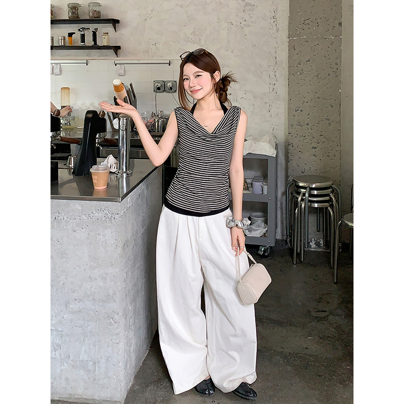 Women's Color Block Striped Cowl Neck Sleeveless Tank Top Summer Slim Fit Halter Fake Two Piece