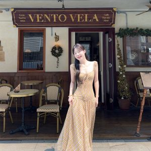 French Style Backless Sleeveless Plaid Maxi Dress for Beach Vacation