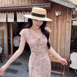 French Vintage Floral Tie-Waist Sleeveless A-Line Long Dress - Style 8db5b5