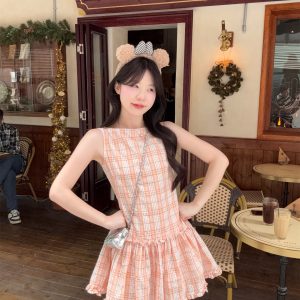 Sweet Plaid Sleeveless A-Line Mini Dress for Petite Girls