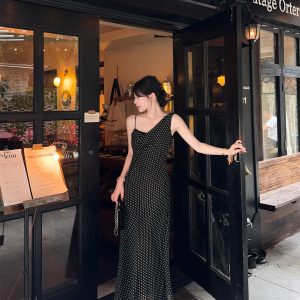 French Hepburn Style Open Back Cami Polka Dot Tie Dress
