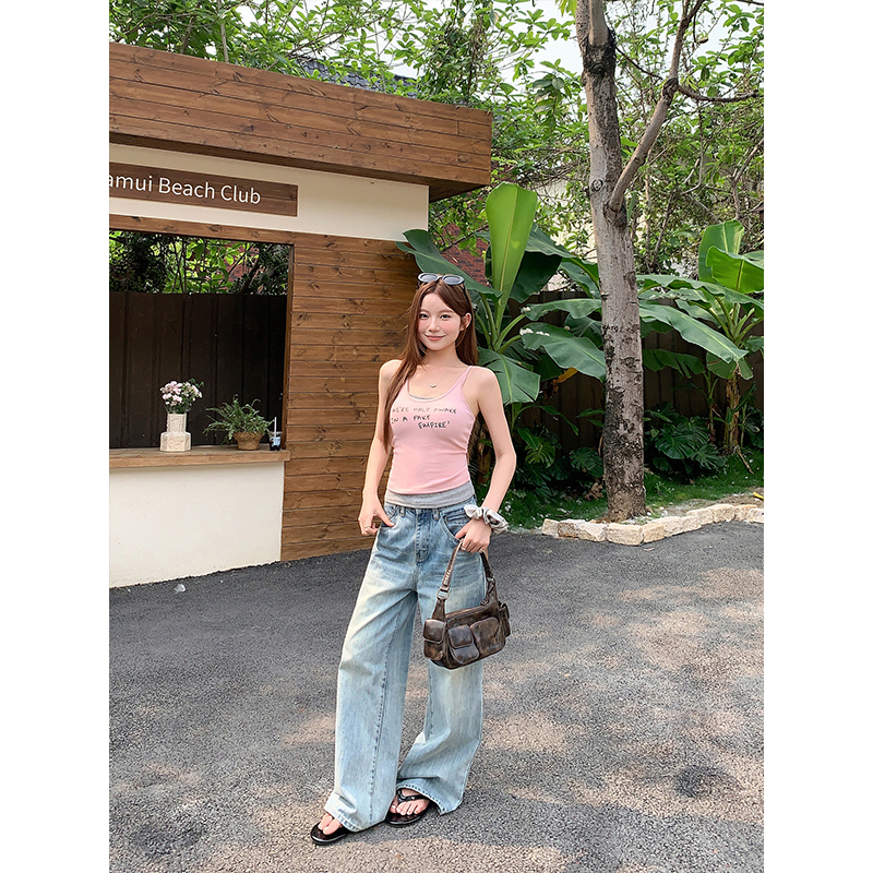 Women's Faux Two-Piece Pink Camisole Tank Top 2026 Summer Letter Print Slim Fit Crop Top - Image 2