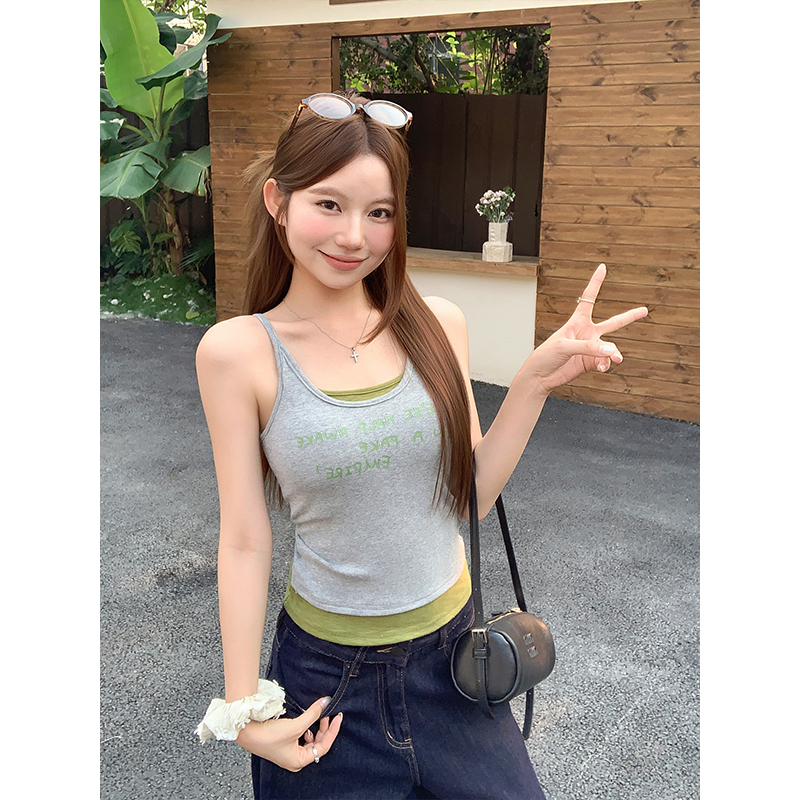 Women's Faux Two-Piece Pink Camisole Tank Top 2026 Summer Letter Print Slim Fit Crop Top - Image 3