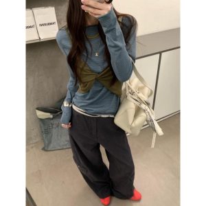 Korean Twist Knot Faux Two Piece Long Sleeve T Shirt Women Slimming Color Block Layered Look Fall Top