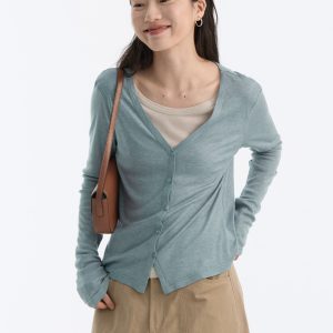 Artistic Style Autumn V-Neck Knit Cardigan Women Tencel Faux Two-Piece Slim Silk Long Sleeve Top Coat