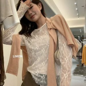 Women's Sheer Lace Long Sleeve Round Neck Top