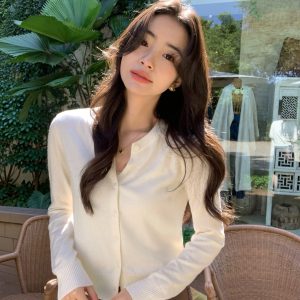 Women's Round Neck Knit Cardigan Short Sleeve Long Sleeve Top