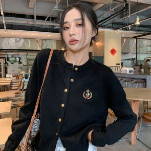 Embroidered Black Knit Cardigan Sweater Coat Women Short Slim Fit