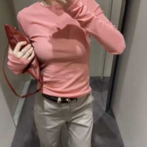 Korean Chic Pink Long Sleeve T-Shirt for Women Early Autumn Base Layer Top 2026 New