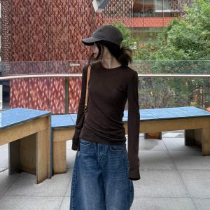 Korean Basic Slim Fit Long Sleeve Round Neck T-Shirt for Women Fall Layering