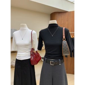 Minimalist Solid Color Versatile Half Sleeve T-Shirt Korean Style High Knowledge Women Half High Neck Straight Shoulder Base Layer Stretch Slim Fit Top