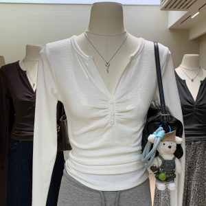 Korean Chic Ruched Half-Open V-Neck Long-Sleeve Slim Solid Women's T-Shirt